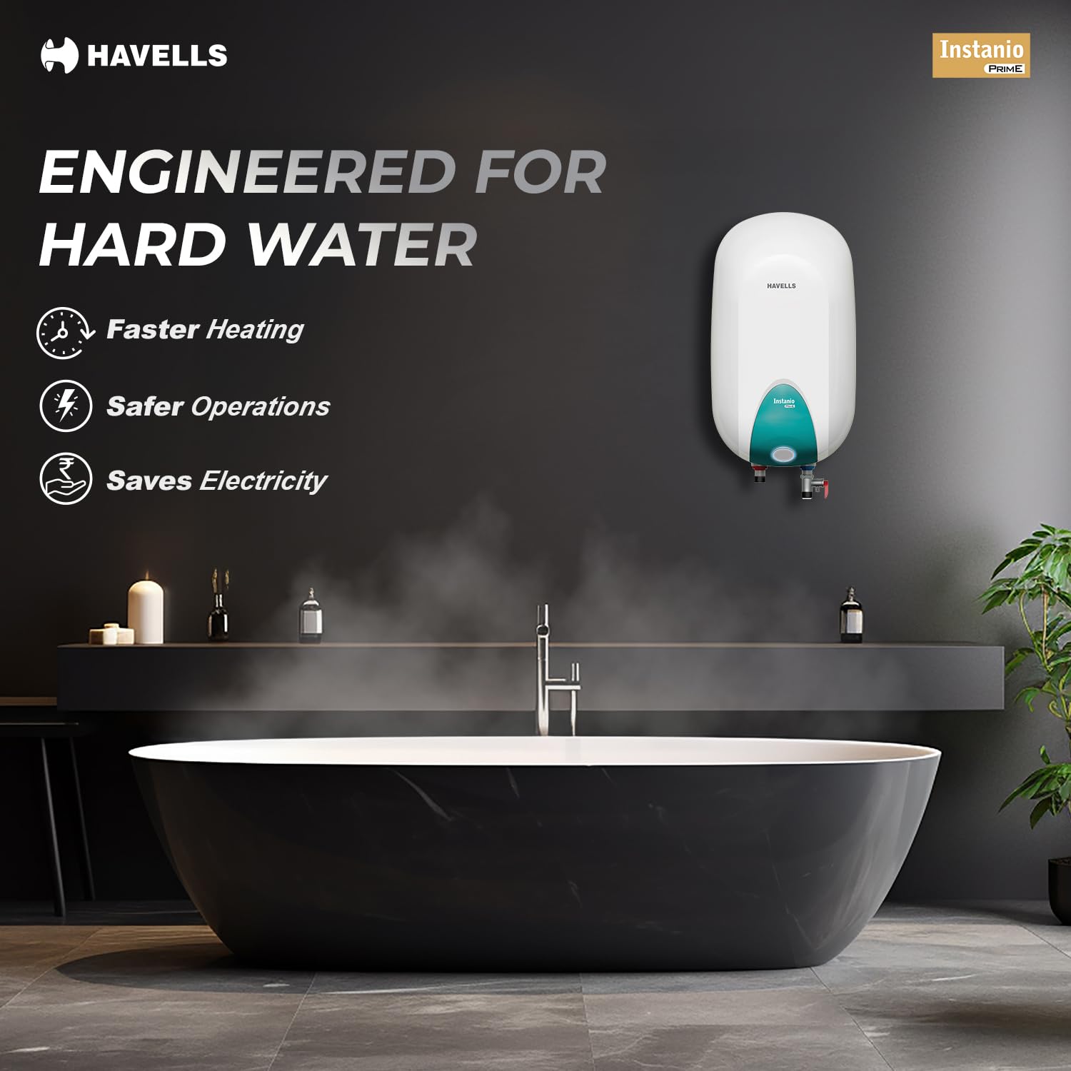 Havells Instanio Prime 15L Storage Water Heater(Geyser)|Faster Heating|Safer to use|Saves electricity|Engineered for Hard Water|Color Changing LED Indicator|Anti Rust Tank|Mcoloy Heating Element