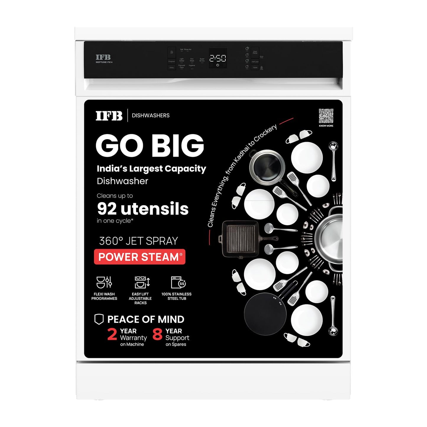 IFB 14 Place Settings with DeepClean® Technology Freestanding Dishwasher (Neptune FX14, White, 70° Hot Water Wash with Hygienic Steam Drying, Perfect for Indian Utensils)