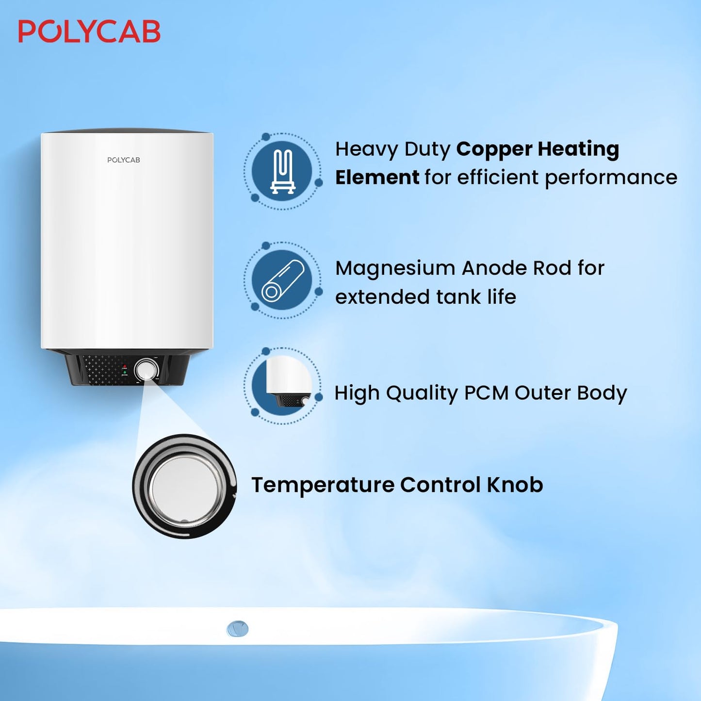 POLYCAB Celestia Prime 5-Star 15 Litre Water Heater (Geyser) | Free Connecting Pipe | 5-Year Tank Warranty by POLYCAB | Temperature Control Knob | Faster Heating, Shock Resistant【White】