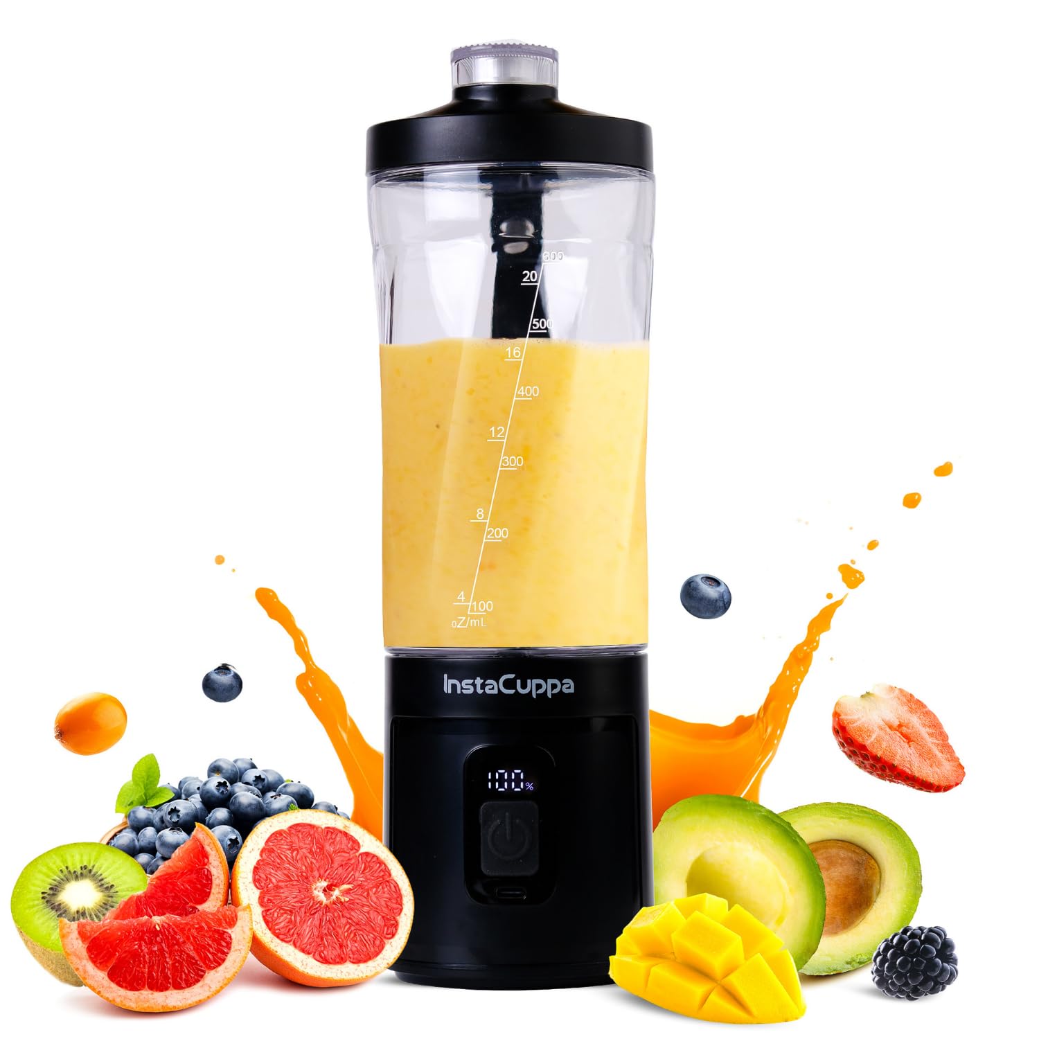 InstaCuppa Stainless Steel Portable Blender for Smoothies & Juices,Mixer Juicer that Crushes Ice,Electric Shaker USB Rechargeable Battery with 4000 mAh 230 Watts Motor,500 ML Juice Maker,Black