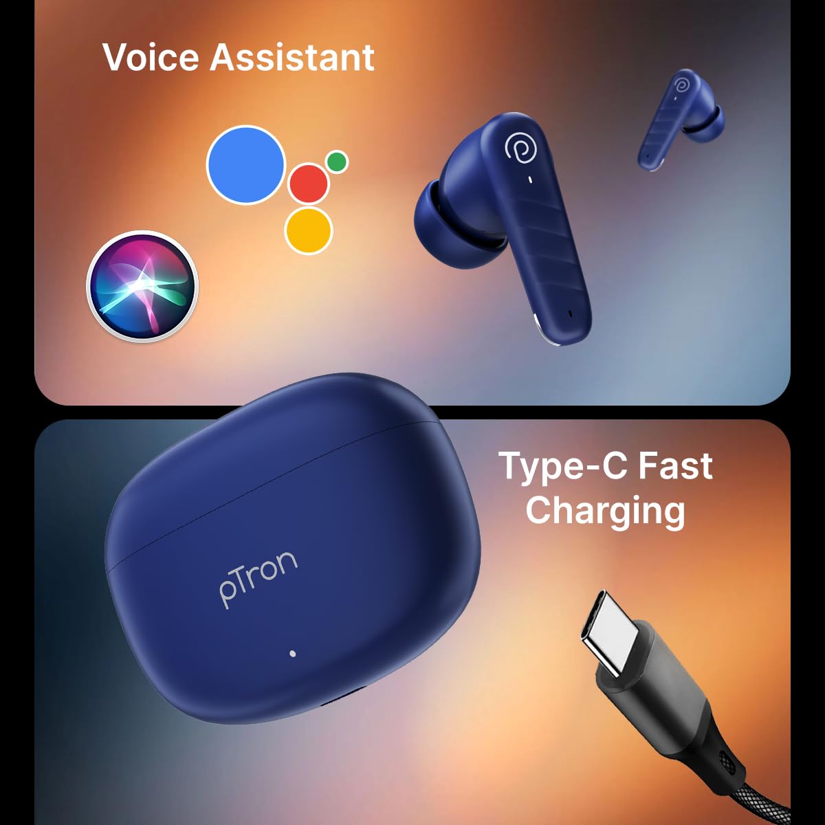 pTron Bassbuds Spark in-Ear TWS Earbuds with Stereo Sound, 40Hrs Playtime, Stereo Calls, Bluetooth V5.3 Headphones with Quick Pairing, Touch Control, Voice Assistant, Type C Charging & IPX5 (Blue)