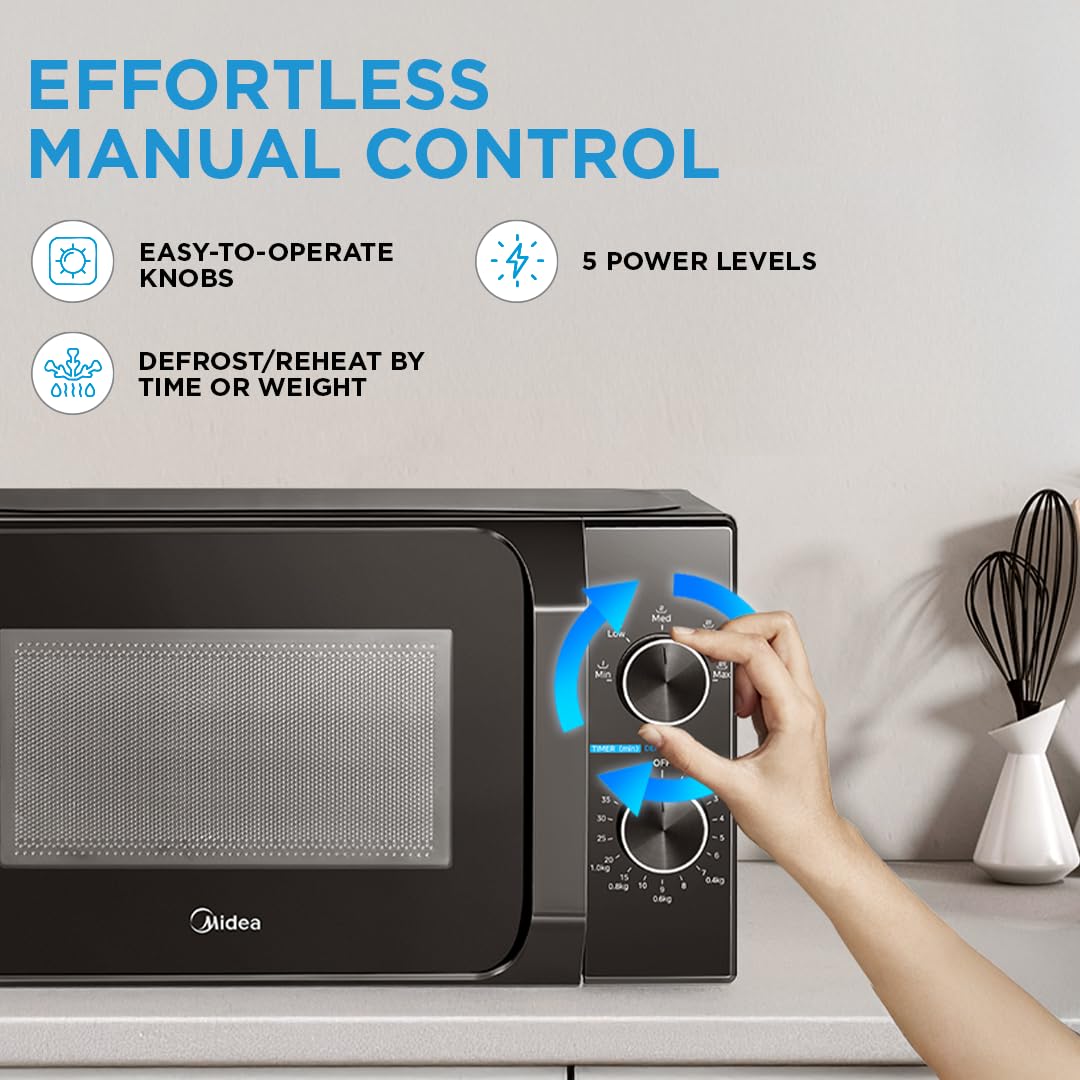 Midea 20L Solo Microwave Oven (MMO20CXAMMPEBK, Black, 5 power levels & Defrost function)