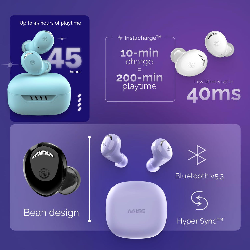Noise Buds Trance in-Ear Truly Wireless Earbuds with 45H of Playtime, Low Latency(up to 40 ms), Instacharge(10 min=200 min), BT v5.3(True Purple)