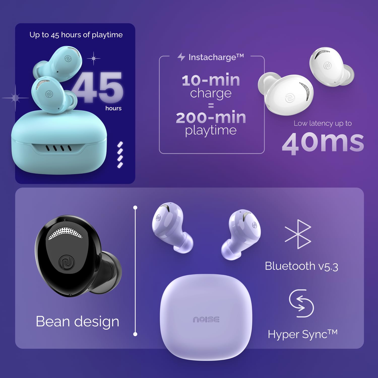 Noise Buds Trance in-Ear Truly Wireless Earbuds with 45H of Playtime, Low Latency(up to 40 ms), Instacharge(10 min=200 min), BT v5.3(True Purple)