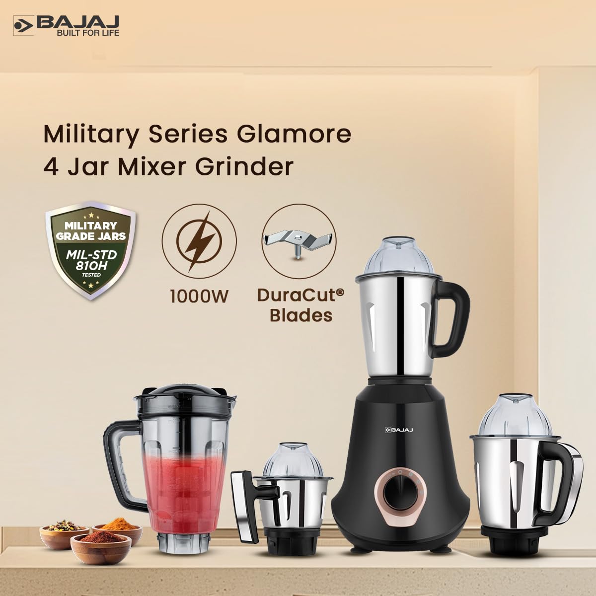 Bajaj Military Series Glamore 1000 W Mixer Grinder With 4 Jars (3 Stainless Steel Jars + 1 Fruit Filter Jar) | DuraCut Blades | Powerful Titan Motor | Unbeatable Toughness | 2 Yrs Warranty【Jet Black】