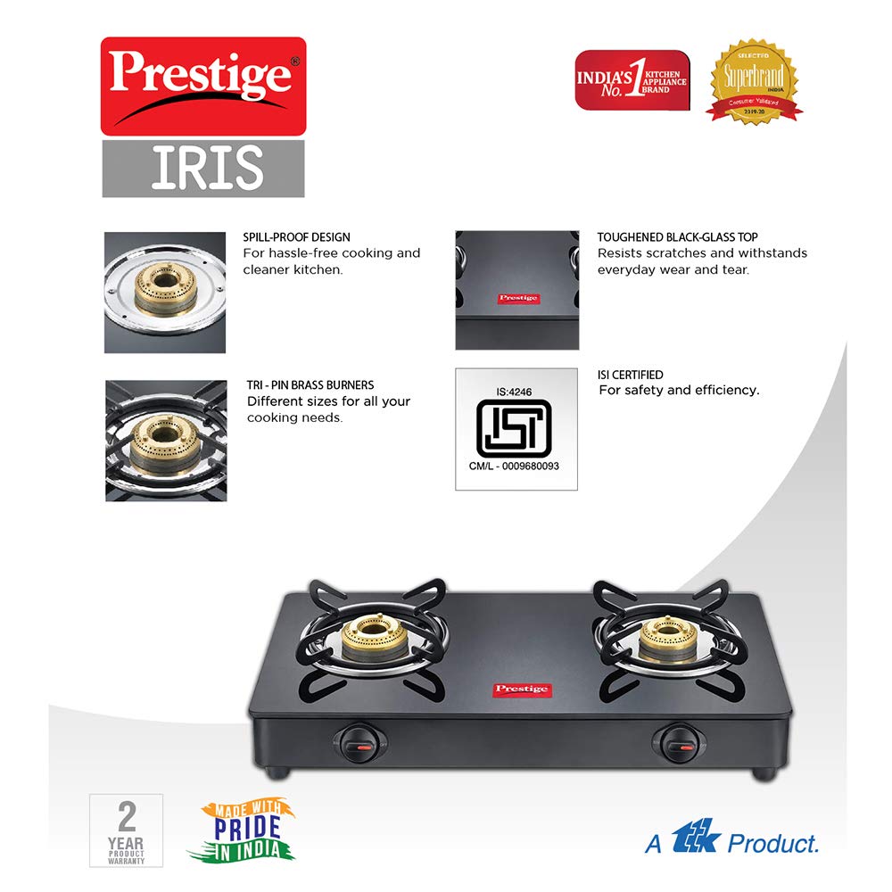 Prestige IRIS Toughened Glass-Top 2 Brass Burner LPG Gas Stove | Black | Spill Proof | Ergonomic Knobs | Tri-Pin Brass Burners |Open