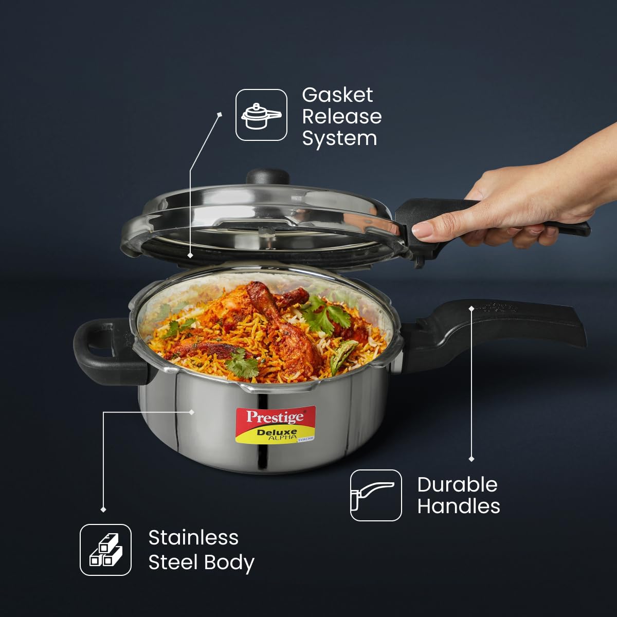 Prestige 3L Svachh Deluxe Alpha stainless steel Pressure Cooker|Outer lid|3-4 personsl|Deep lid for spillage control|Gas & induction compatible|Controlled GasketRelease System|Silver|10 years warranty