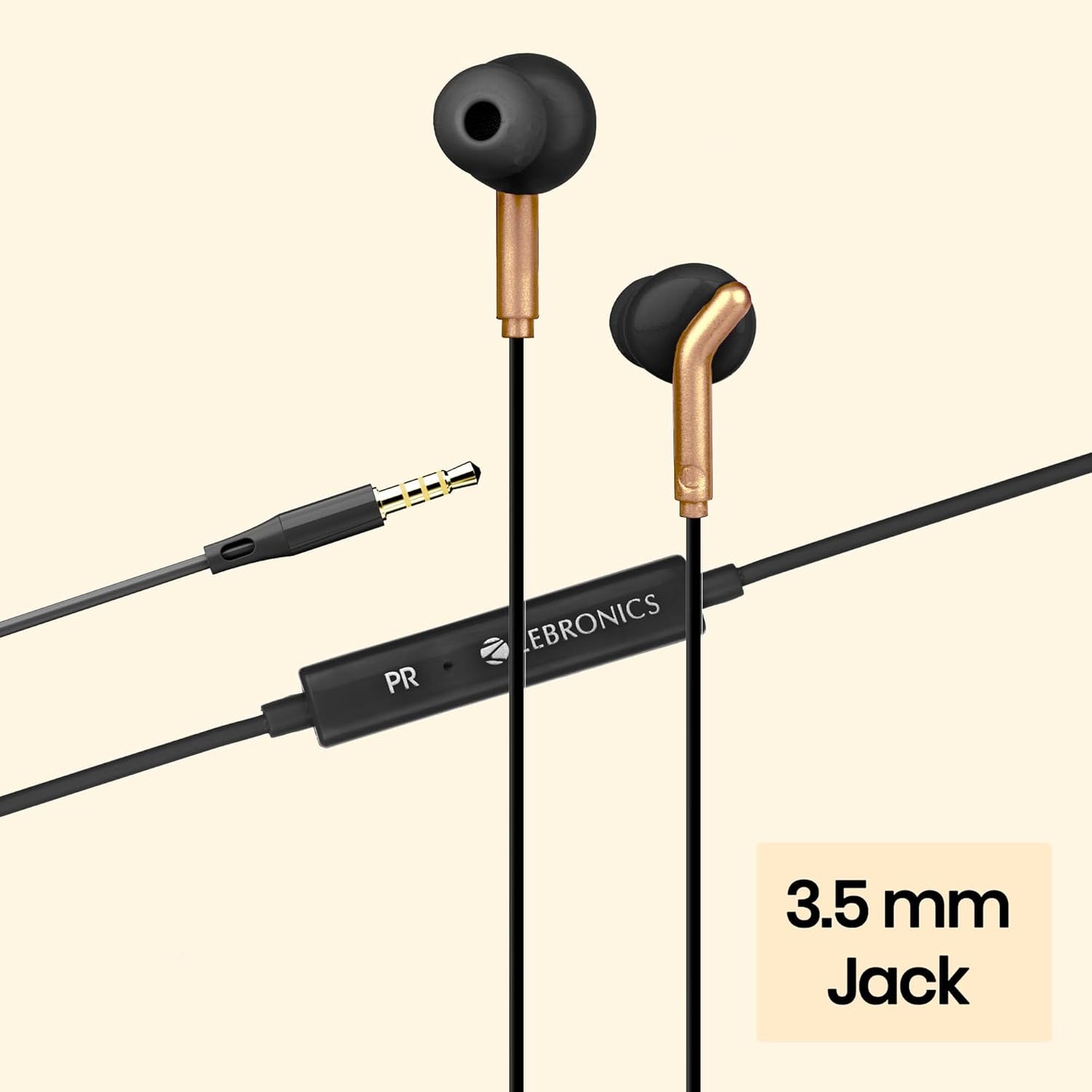 ZEBRONICS Bro 3.5Mm Wired in Ear Earphones, in-Line Mic, Deep Bass, 1.2M Strong and Long Lasting Cable, Light Weight, Compatible with Mobile | Tablet | Laptop (Black + Gold)