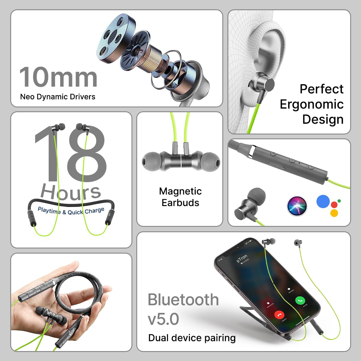 pTron Tangentbeat in Ear Bluetooth 5.0 Wireless Headphones, Deep Bass, 18H Playtime, Clear Calls, Dual Device Pairing Wireless Neckband, Fast Charging, Voice Assistant & IPX4 (Green/Grey)