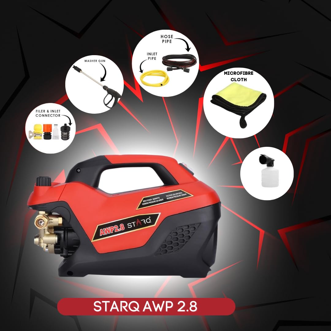 Starq AWP 2.8 High Pressure Washer, Car Washer, 2800 Watts Motor, 350 Bars, 12L/Min Flow Rate, 8 Meters Outlet Hose, Portable, Car, Bike & Home Cleaning