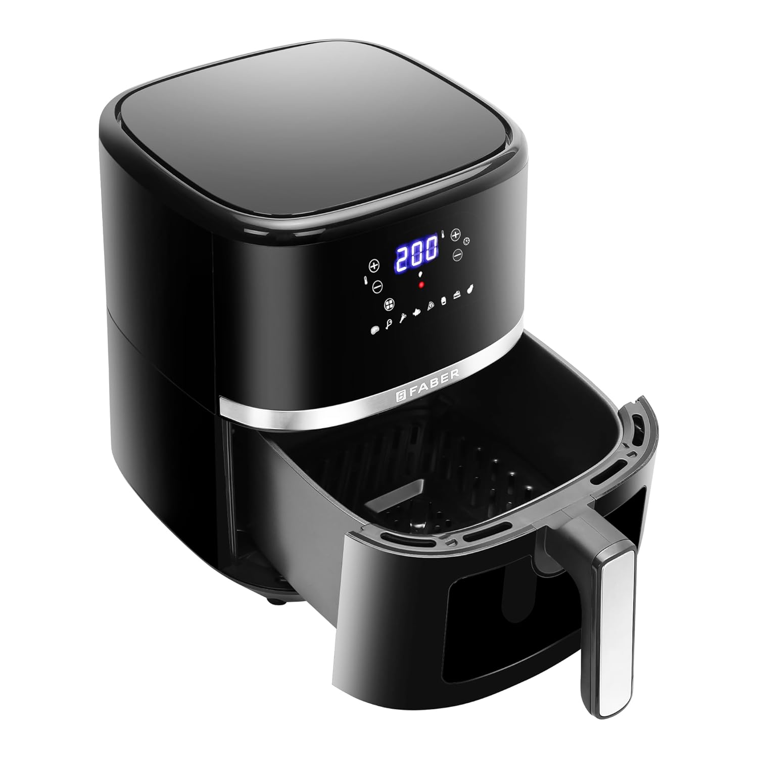 Faber 6L 1500W Digital Air Fryer | Fry, Bake, Roast, Toast, Defrost, Grill & Reheat | 85% Less Oil, 360° Air Cooking | 8-Preset Menu, LED Display & Touch Control, Non-Stick Pan, View Window | (Black)