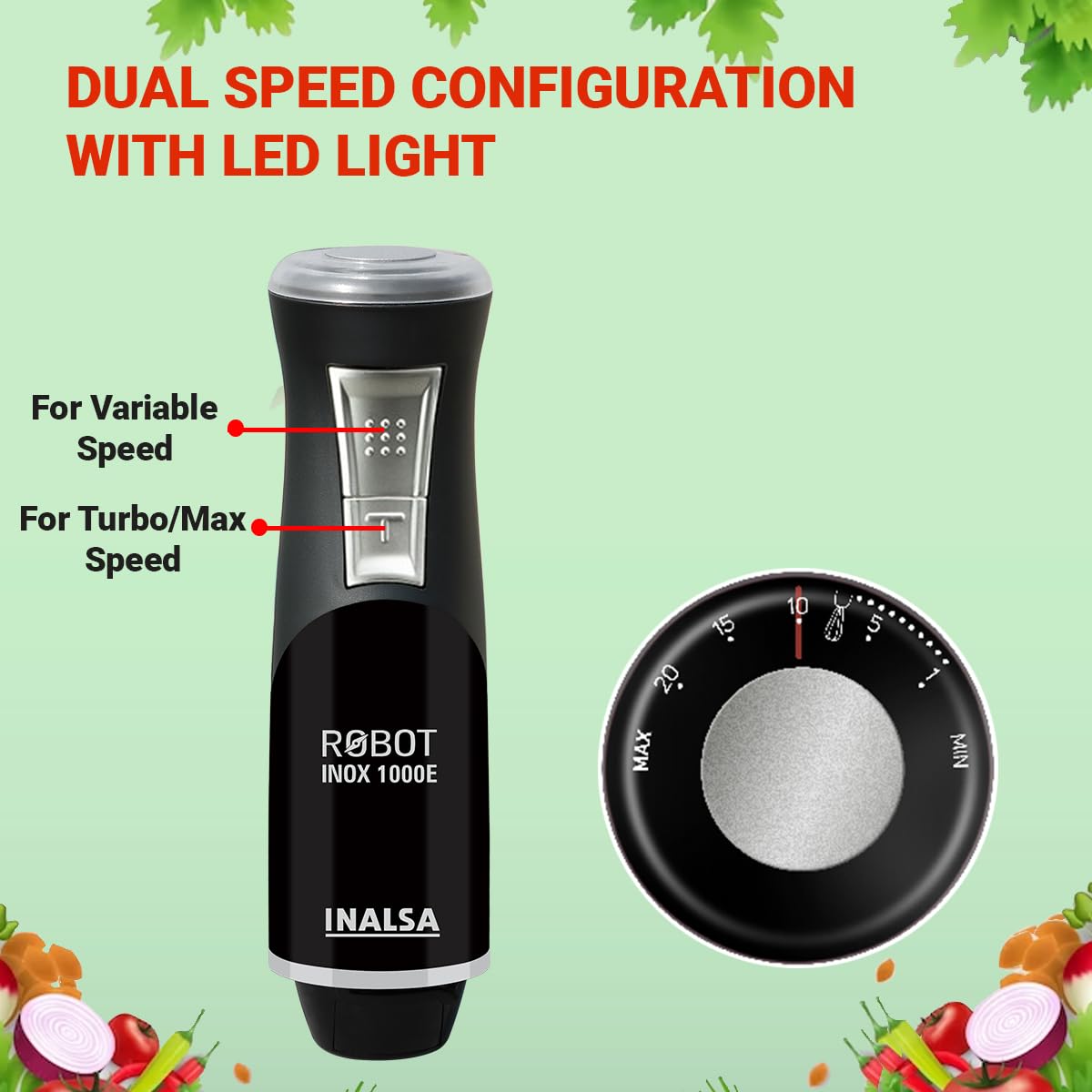 INALSA Hand Blender 1000 Watts with Chopper, Whisker| Variable Speed & Turbo Speed Function|100% Copper Motor|1Liter|Low Noise |Anti-Splash Technology|Home&kitchen|2 Year Warranty (Robot Inox 1000E)