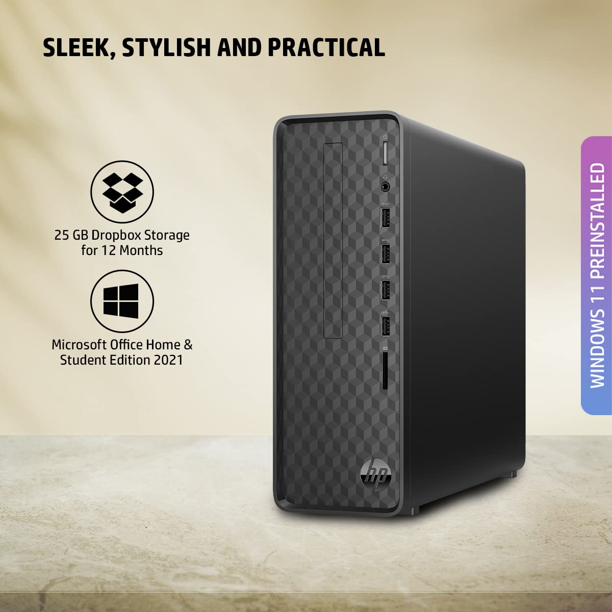 HP Slim Tower 12th Gen Intel Core i3-Processor:Intel Core i3-12100 (16GB RAM/512GB SSD/Black Wired Keyboard & Mouse/Intel UHD Graphics 730/Windows 11/MS Office 21/Dark Black), S01-pF2001in