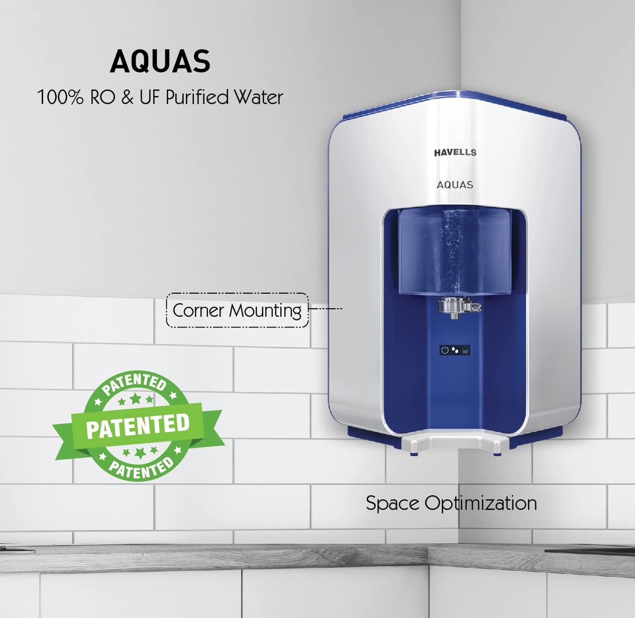 Havells AQUAS Water Purifier (White and Blue), RO+UF, Copper+Zinc+Minerals, 5 stage Purification, 7L Tank, Suitable for Borewell, Tanker & Municipal Water
