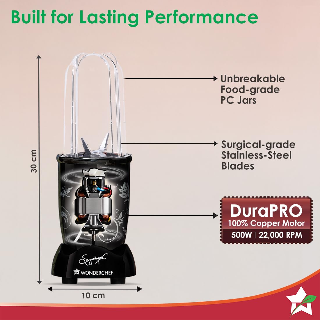 Wonderchef Nutri-blend 500W Mixer Grinder, 22000 RPM Motor, Smoothie Maker, Masala Grinder, Chutney Blender, 3 Unbreakable Jars, Recipe Book by Chef Sanjeev Kapoor, 2 Yr Warranty, Black