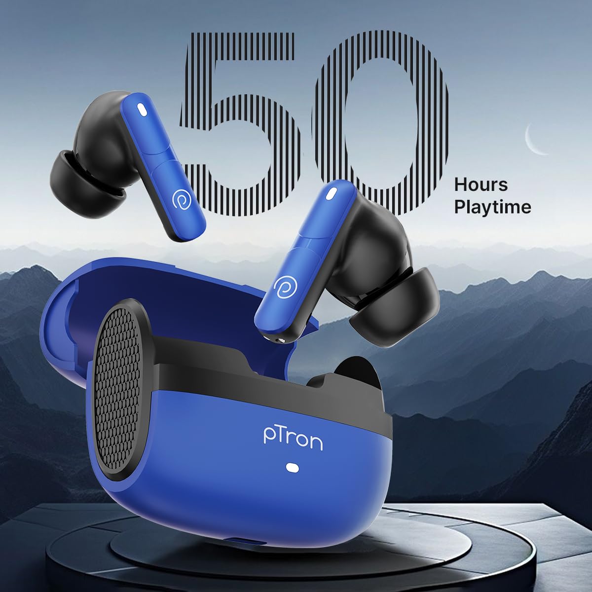 pTron Bassbuds Blaze in-Ear TWS Earbuds w/ 13mm Drivers, 50Hrs Playtime, AI-ENC Clear Calls, Bluetooth V5.4 Wireless Headphones, Touch Control, Voice Assistant, Type C Charging & IPX5 (Blue & Black)