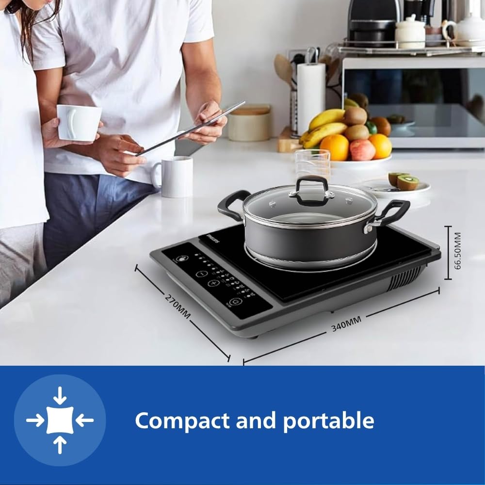 Philips HD4934/00 1300W Induction Cooktop with Triple MOV for 4kW surge protection with soft touch control | 7 Preset Menus | 3 Years warranty on Coil