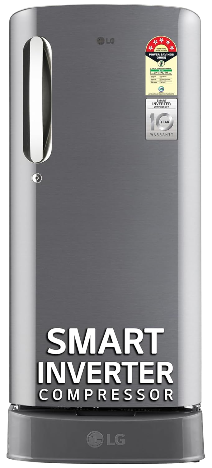 LG 185 L, 5 Star, Smart Inverter Compressor, Direct-Cool Single Door Refrigerator (GL-D201APZU.BPZZEBN, Shiny Steel, Base stand with drawer & Fast Ice Making)