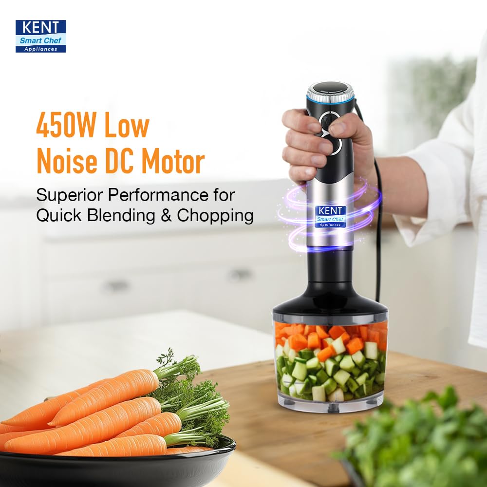 KENT Hand Blender Plus Chopper 450 W | Variable Speed Control | Turbo Switch for Fast Blending & Chopping | Hot & Cold Blending | Low Noise DC Motor | Multiple Attachments Chopper, Whisker & Jar