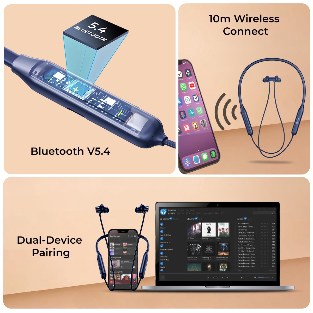 pTron Tangent Rush w/ 50Hrs Playtime, Pristine Sound, Dual-Device Pairing, Bluetooth 5.4 Wireless in-Ear Earphones with Mic, Voice Assistant, Type-C Fast Charging & IPX5 Water Resistant (Blue)