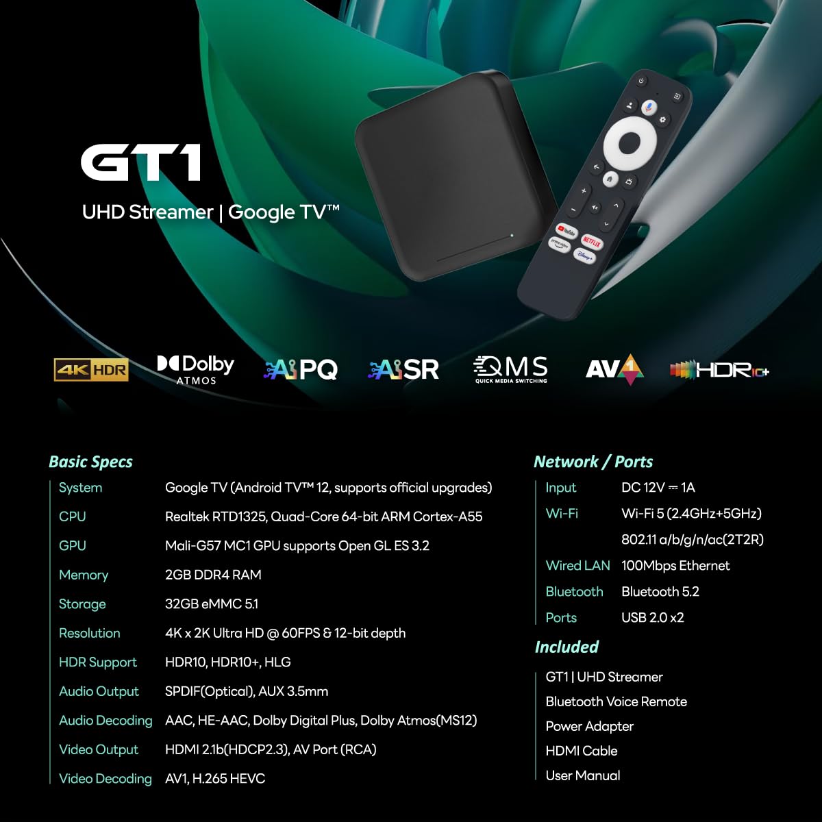 ElectroniksIndia GT1 GTV Android 12 Certified Mini PC : Realtek RTD1325, 2GB DDR4, 32GB eMMC, WiFi 6, Dolby Atmos, 4K HDR, Ai-Powered Visuals