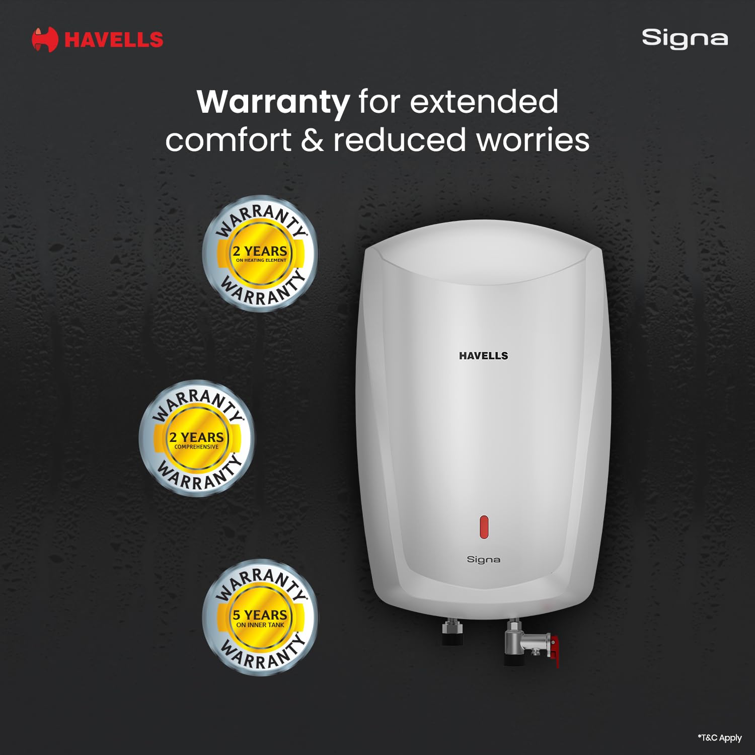 Havells Signa 5 Litre Instant Water Heater(Geyser)| Twin LED Indicator| Rust and Shock Proof Body| ISI Marked| Fire Retardant Power Cord| Warranty: 5 year on inner tank & 2 year comprehensive (White)