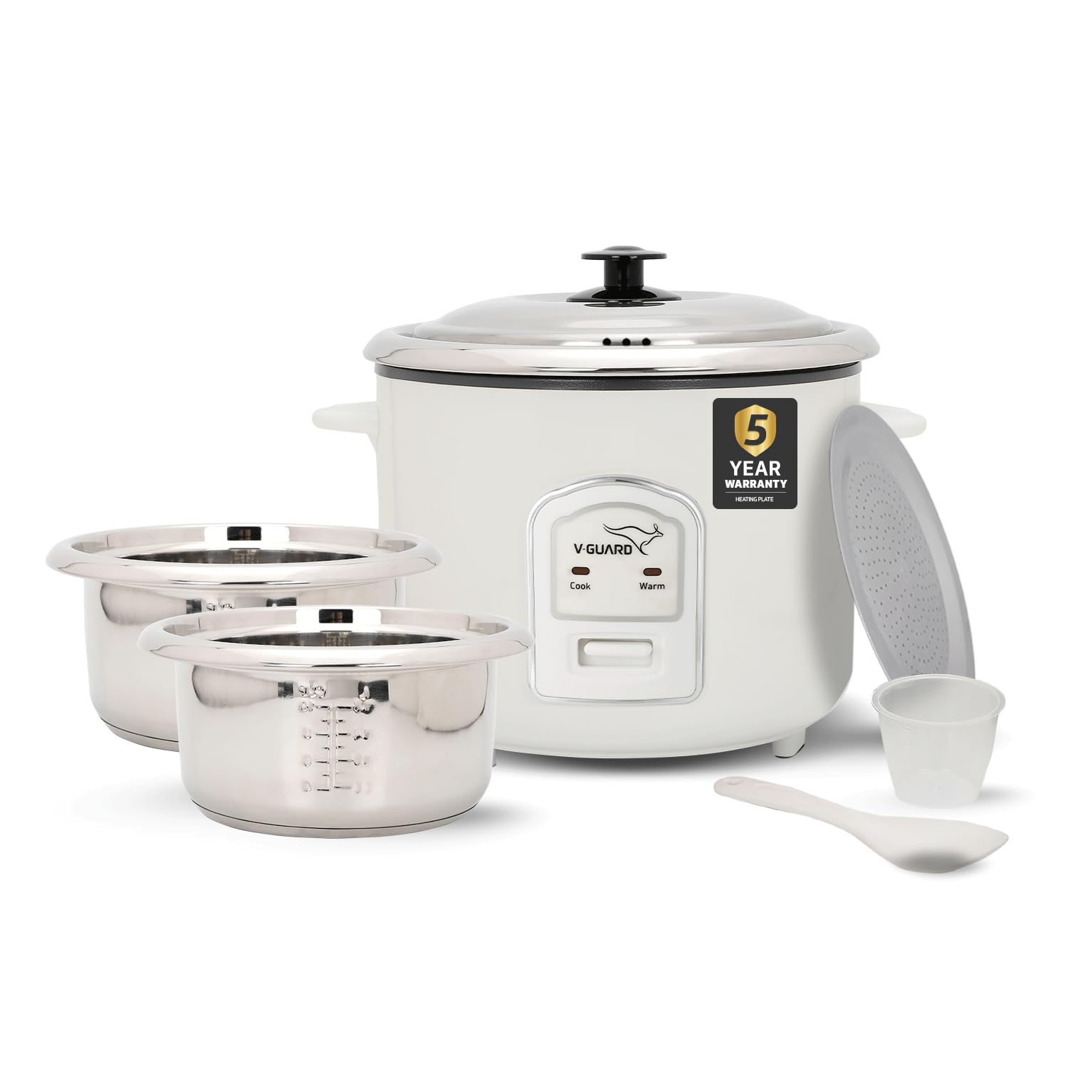 V-Guard VRC 1.8-Litre Electric Rice Cooker with 700 W Power, 2 Pots, Spatula, Rice Separator 5-Yr Heating Plate & 2-Yr Product Coverage Automatic Cooking with Double-Layered Body & Cool Touch Handles.