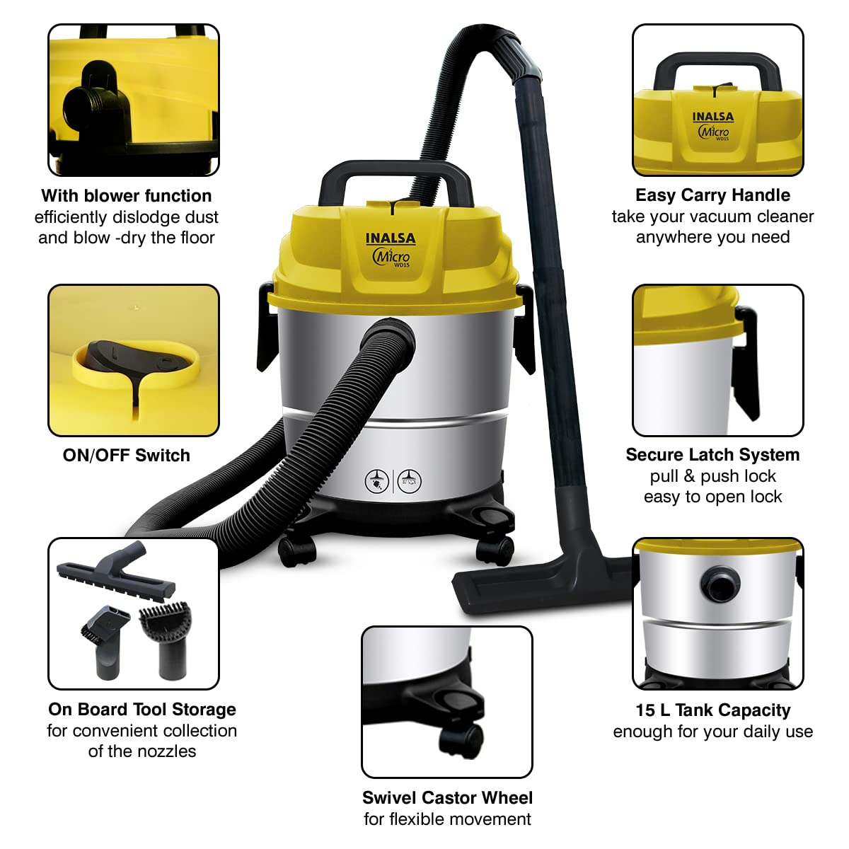 INALSA Wet and Dry Vacuum Cleaner for Home, 15 LTR Capacity,1400 W, 20 kPa Suction, Blower Function,HEPA Filter, Wet Vacuum Cleaner for Sofa, House Cleaning Machine,Stainless Steel Body (WD 15)