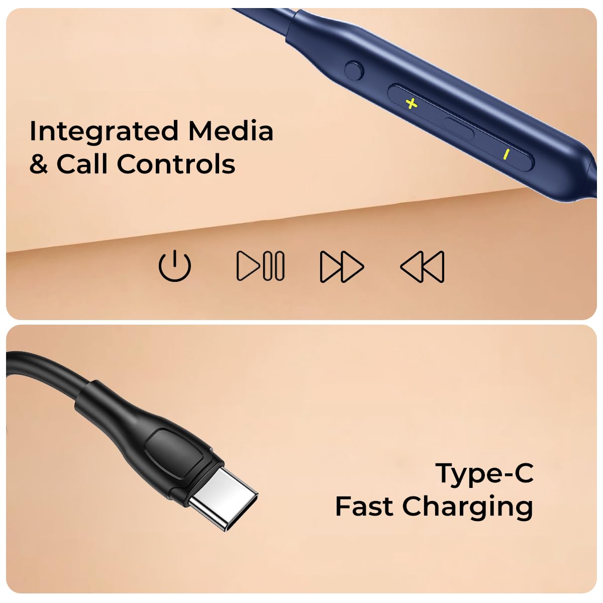 pTron Tangent Rush w/ 50Hrs Playtime, Pristine Sound, Dual-Device Pairing, Bluetooth 5.4 Wireless in-Ear Earphones with Mic, Voice Assistant, Type-C Fast Charging & IPX5 Water Resistant (Blue)