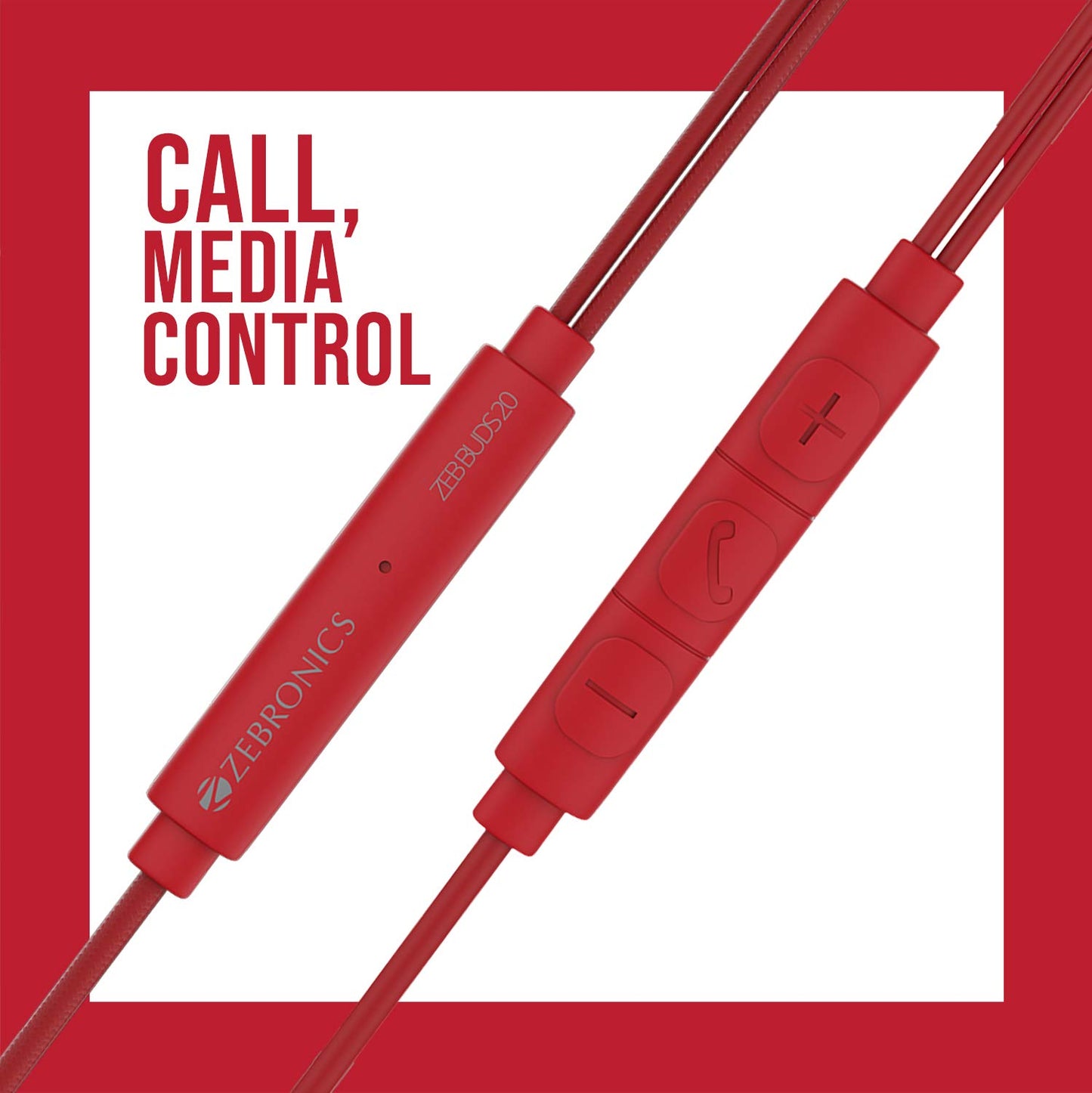 ZEBRONICS Zeb Buds 20 in Ear 3.5mm Wired Stereo Earphones with Mic, 1.2 Metre Cable, 14mm Drivers, in Line Mic & Volume Controller (Red)