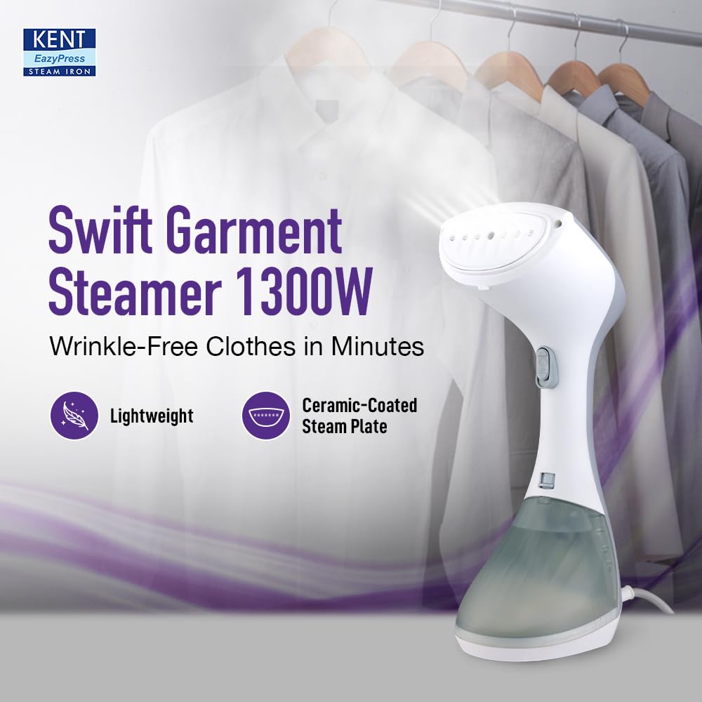 KENT Swift Handheld Garment Steamer 1300 Watts | Ideal for Fabrics like Sarees, Suits, Jackets etc |Ceramic Coated Steam Plate |Continuous Steam Up To 30 Minutes |20 G/Min Steam |260ml Detachable Tank