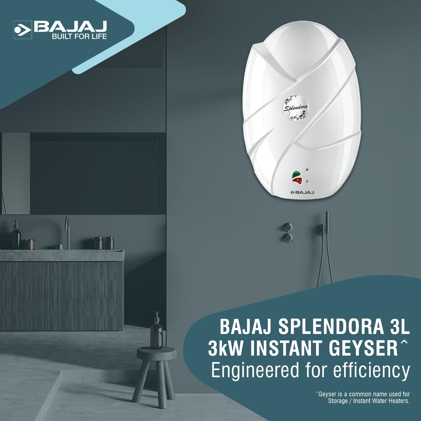 Bajaj Splendora 3L 3KW Vertical Instant Water Heater for Home | Geyser for Bathroom & Kitchen | High Grade SS Tank | Copper Heating Element | 5 Years Tank Warranty by Bajaj【White】