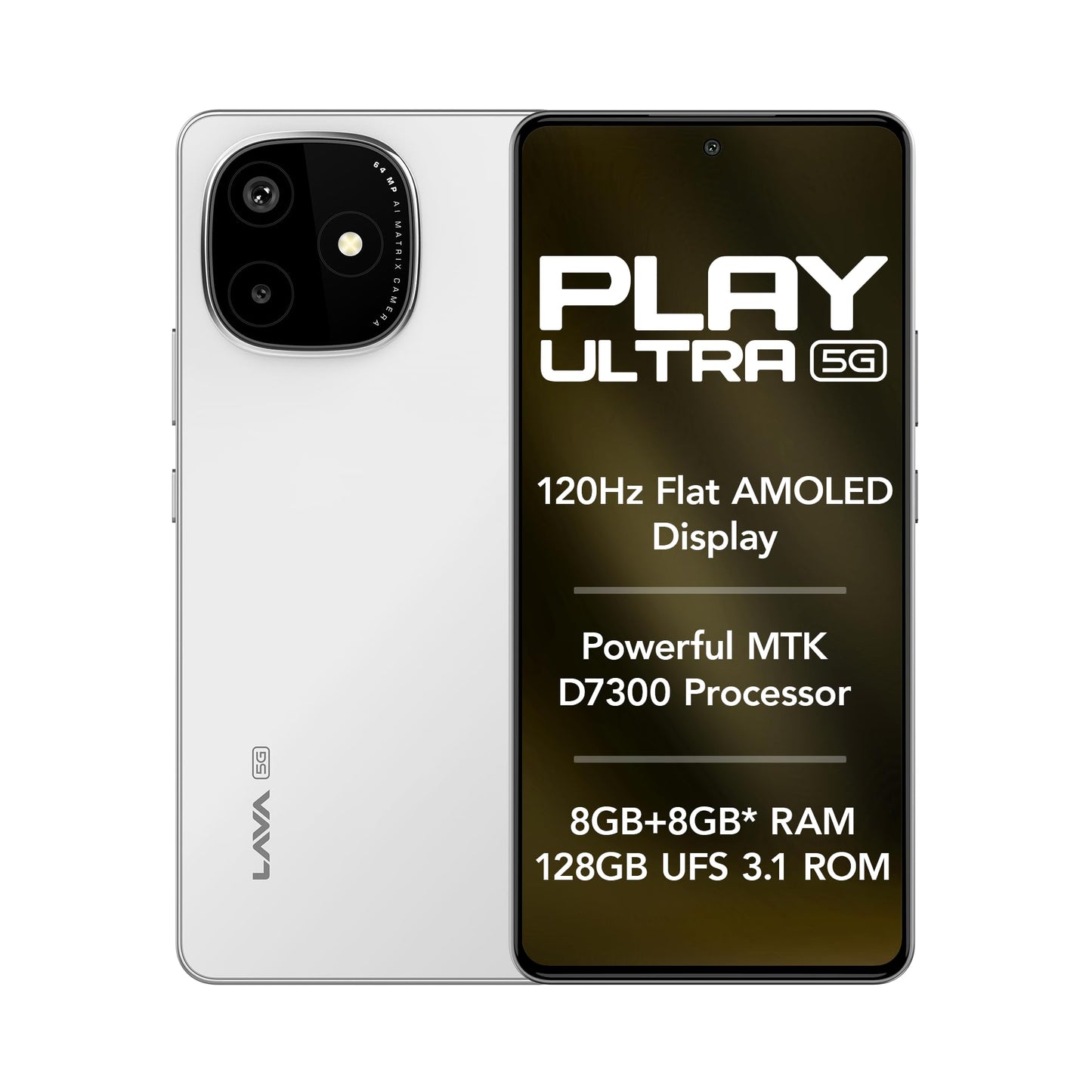 Lava Play Ultra 5G (Arctic Frost, 6+6*GB RAM, 128GB Storage)|MTK D7300 Processor-700K+ Antutu| 6.67" FHD+AMOLED Display | 64MP Camera | UFS 3.1 Storage | 5000mAh Battery-33W fast charging | IP64 Rated