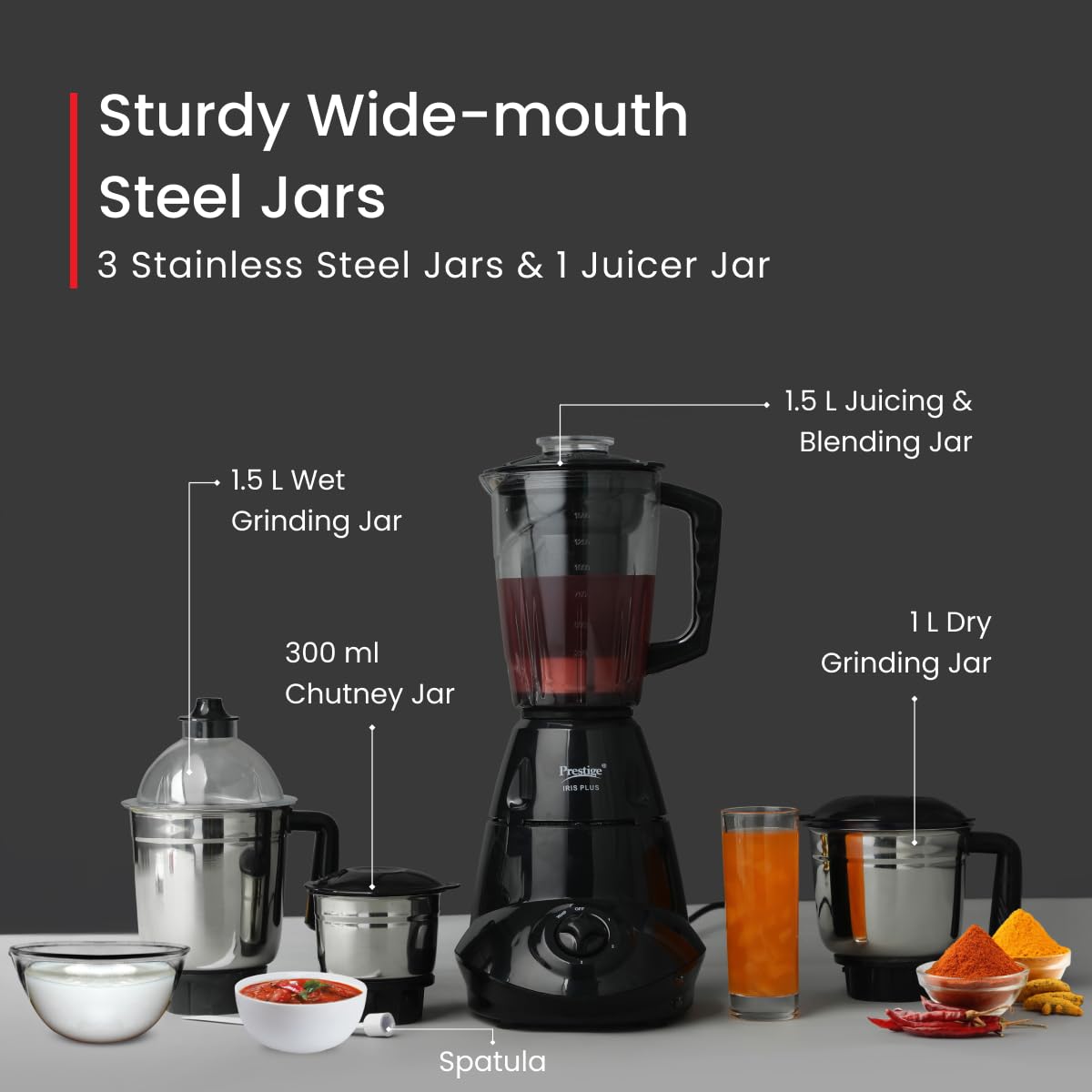Prestige Iris 750 Watt 4 Jar Mixer Grinder | 3 Stainless Steel Multipurpose Jars and 1 Juicer Jar | Black | 750W