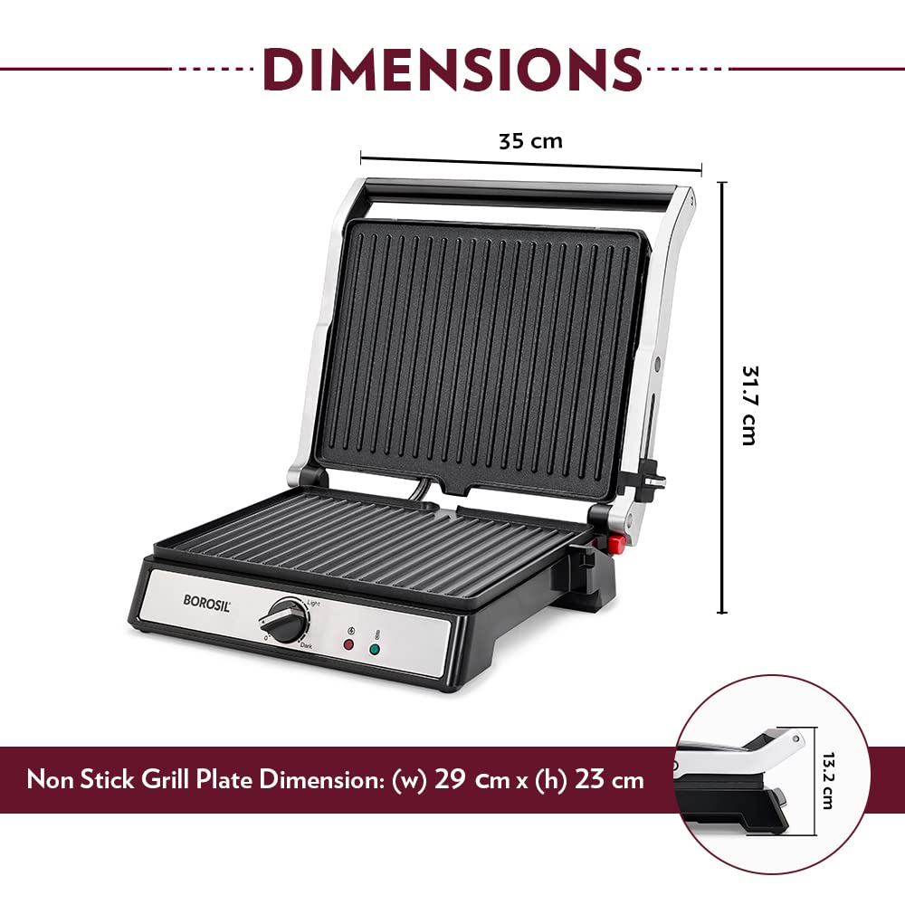 Borosil Jumbo Grill Sandwich Maker | Can Make 4 Sandwich At a Time | Electric Toaster Maker | Non-Stick Coating Plates Opens to 180°, BPA & PTFE Free | Power Indicators | 2 Year Warranty (2000W)