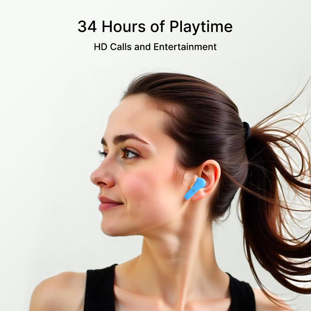 pTron Bassbuds Astra in-Ear TWS Earbuds with Stereo Sound, 34Hrs Playtime, Stereo Calls, Bluetooth V5.3 Headphone with Quick Pairing, Touch Control, Voice Assist, Type C Charging & IPX4 (Light Blue)