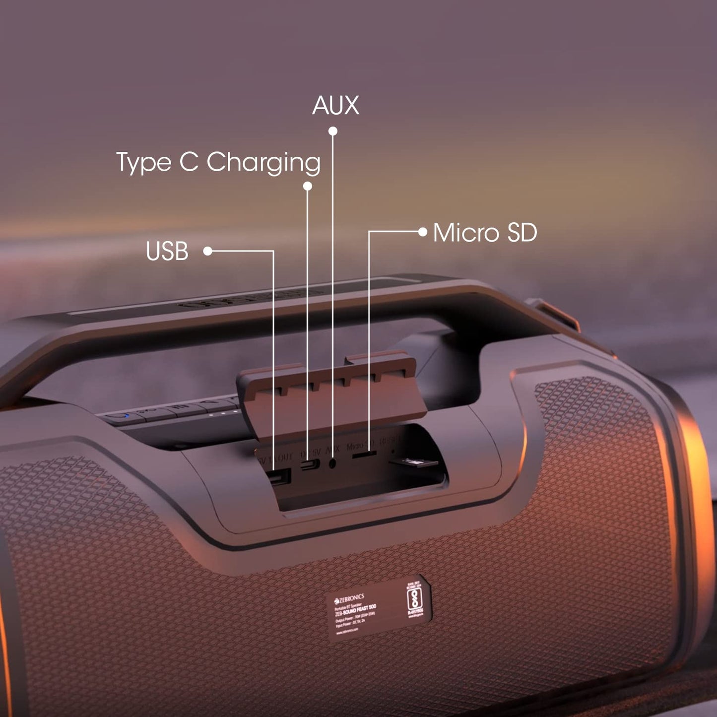 ZEBRONICS Zeb-Sound Feast 500 Bluetooth 5.0 Portable Speaker with 70W, 9H* Backup, TWS, IPX5 Waterproof, Call Function, RGB Lights, AUX, mSD, Voice Assistant, Type C and Grill Finish