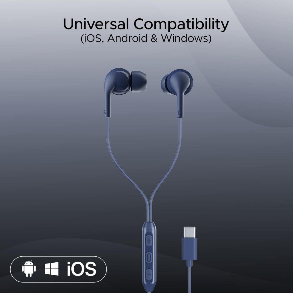 boAt Newly Launched Bassheads 100 C Wired in Ear Earphones with Type-C Jack, in-Line Microphone, 10Mm Drivers, Signature Sound, Integrated Controls & Multi-OS Compatibility(Navy Blue)
