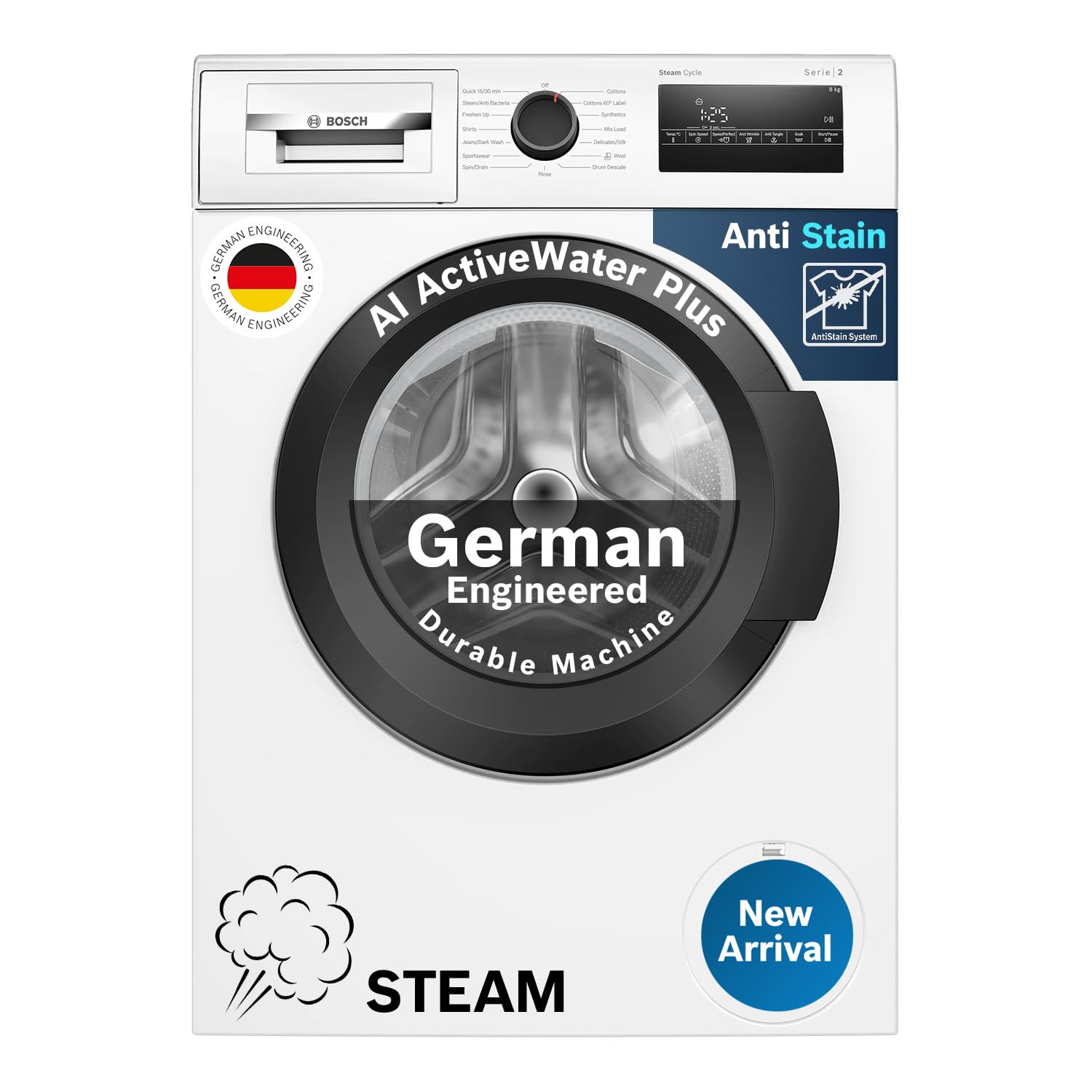 Bosch 8 kg, 5 Star, AI Active Water+, Anti-Tangle, Steam Anti Bacteria, Anti-Wrinkle Fully-Automatic Front Loading Washing Machine (WAJ28260IN, Reload Function, In-Built Heater, White)