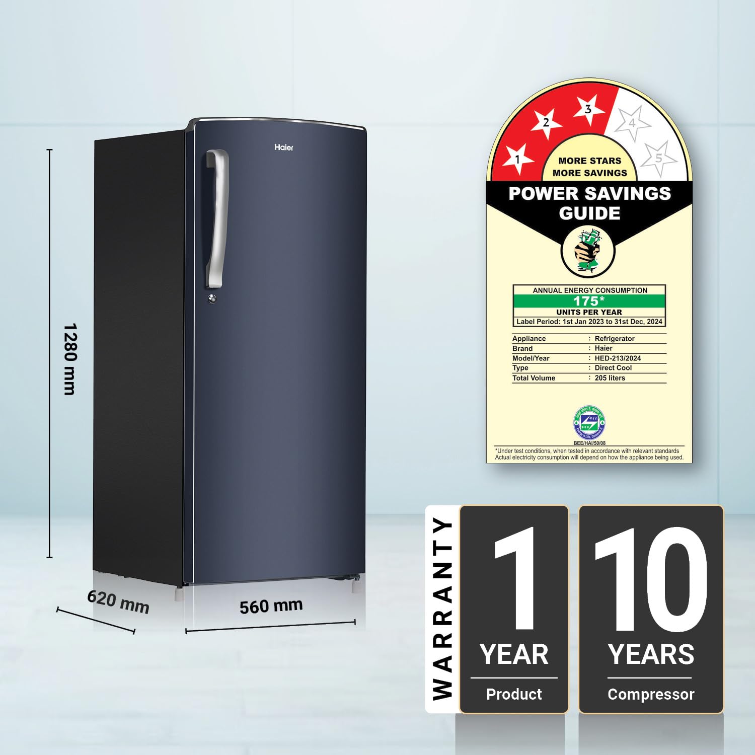 Haier 205 L, 3 Star, Direct-Cool Single Door Refrigerator (HED-213MB-N, Graphite Black)