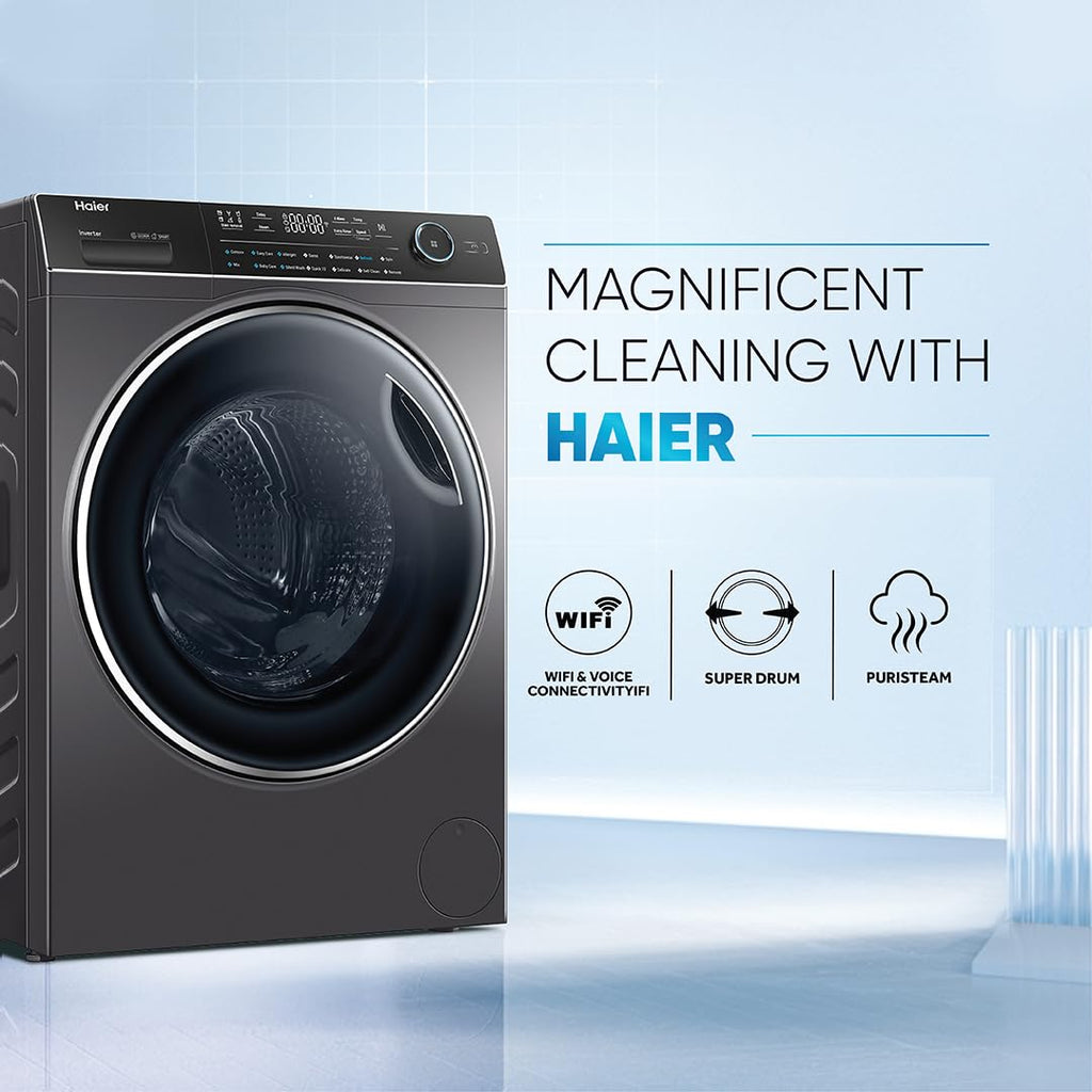 Haier 8 Kg 5 Star Inverter Direct Motion Motor Fully Automatic Front Load Washing Machine (HW80-IM1479CS8U1, 525 Super Drum, Puri Steam, Dark Jade Silver)