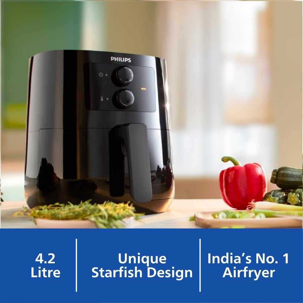 PHILIPS Air fryer for Home, 4.1 Liter, with RapidAir Technology (Black), with additional 1 Yr Warranty by Philips, uses up to 90% less fat (HD9200/90)