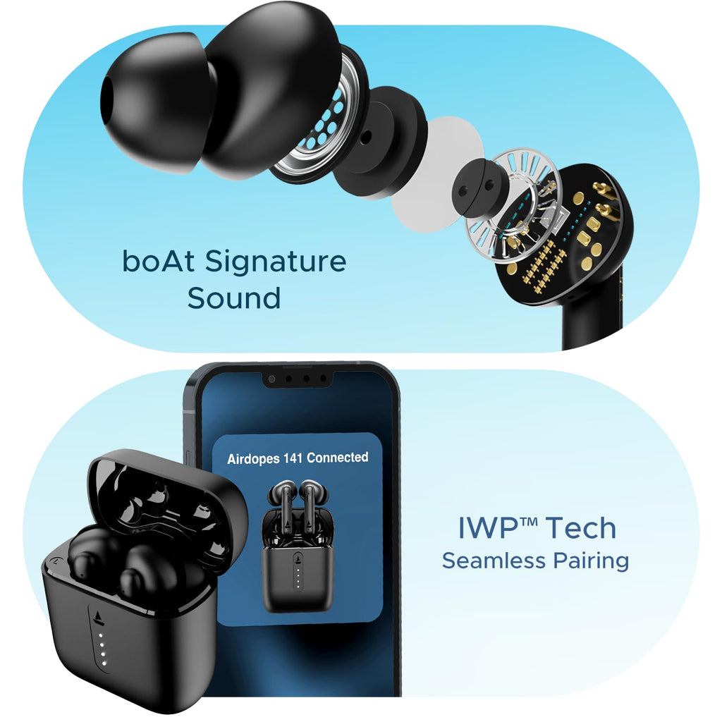 boAt Airdopes 141/8, Low Latency, ENx Tech, 42HRS Battery, Fast Charge, IWP, IPX4, v5.1 Bluetooth Earbuds, TWS Ear Buds Wireless Earphones with mic (Bold Black)