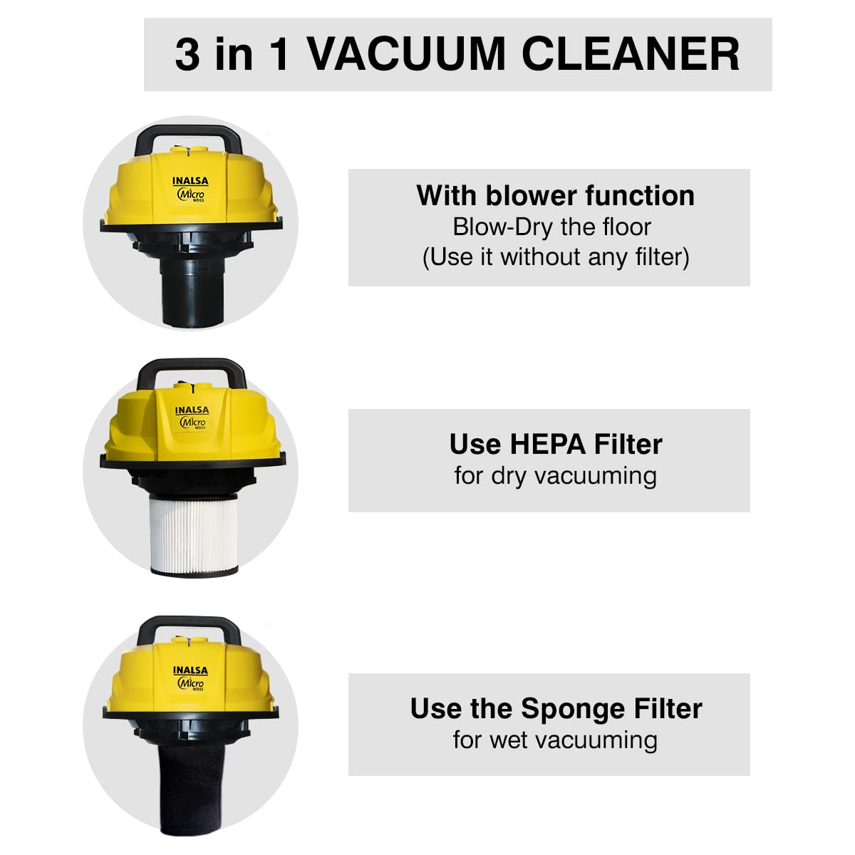 INALSA Wet and Dry Vacuum Cleaner for Home, 15 LTR Capacity,1400 W, 20 kPa Suction, Blower Function,HEPA Filter, Wet Vacuum Cleaner for Sofa, House Cleaning Machine,Stainless Steel Body (WD 15)