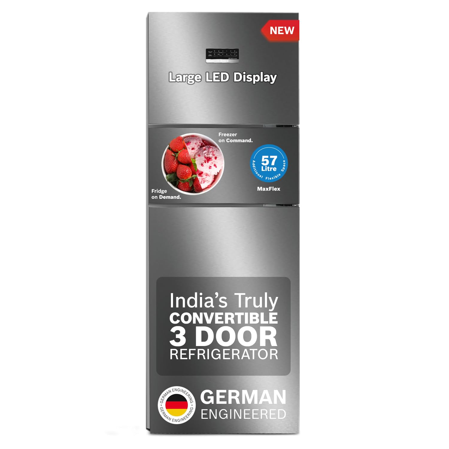 Bosch MaxFlex Convert 303L 3 Star Inverter Frost Free Triple Door Refrigerator (2023 model, CMC33S03NI, 8-in-1 Convertible, UV Protected Body Shield, VitaFresh Technology, Adaptive UI, Sparkly Steel)