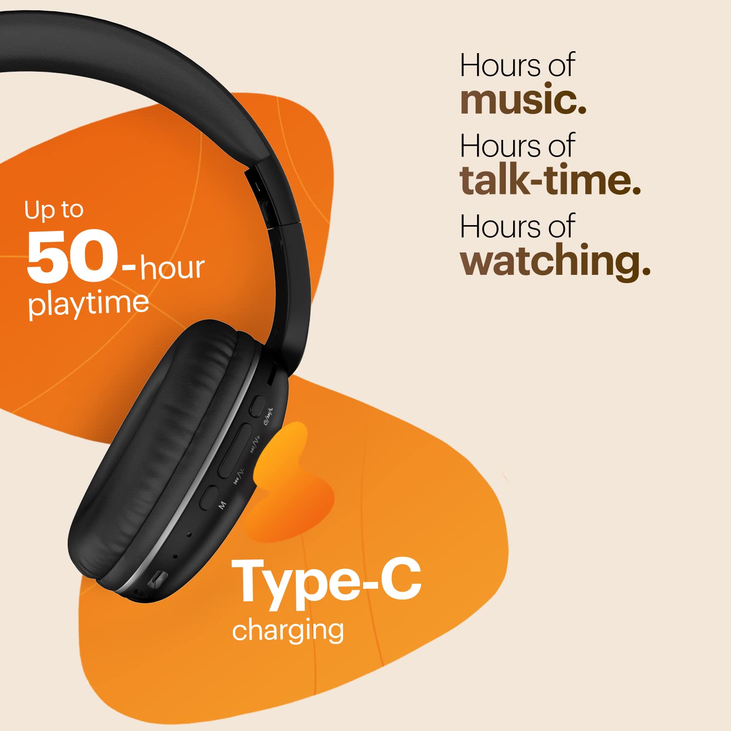 Noise Two Wireless On Ear Headphones with 50 Hours Playtime, Low Latency(up to 40ms), 4 Play Modes, Dual Pairing, BT v5.3 (Bold Black)