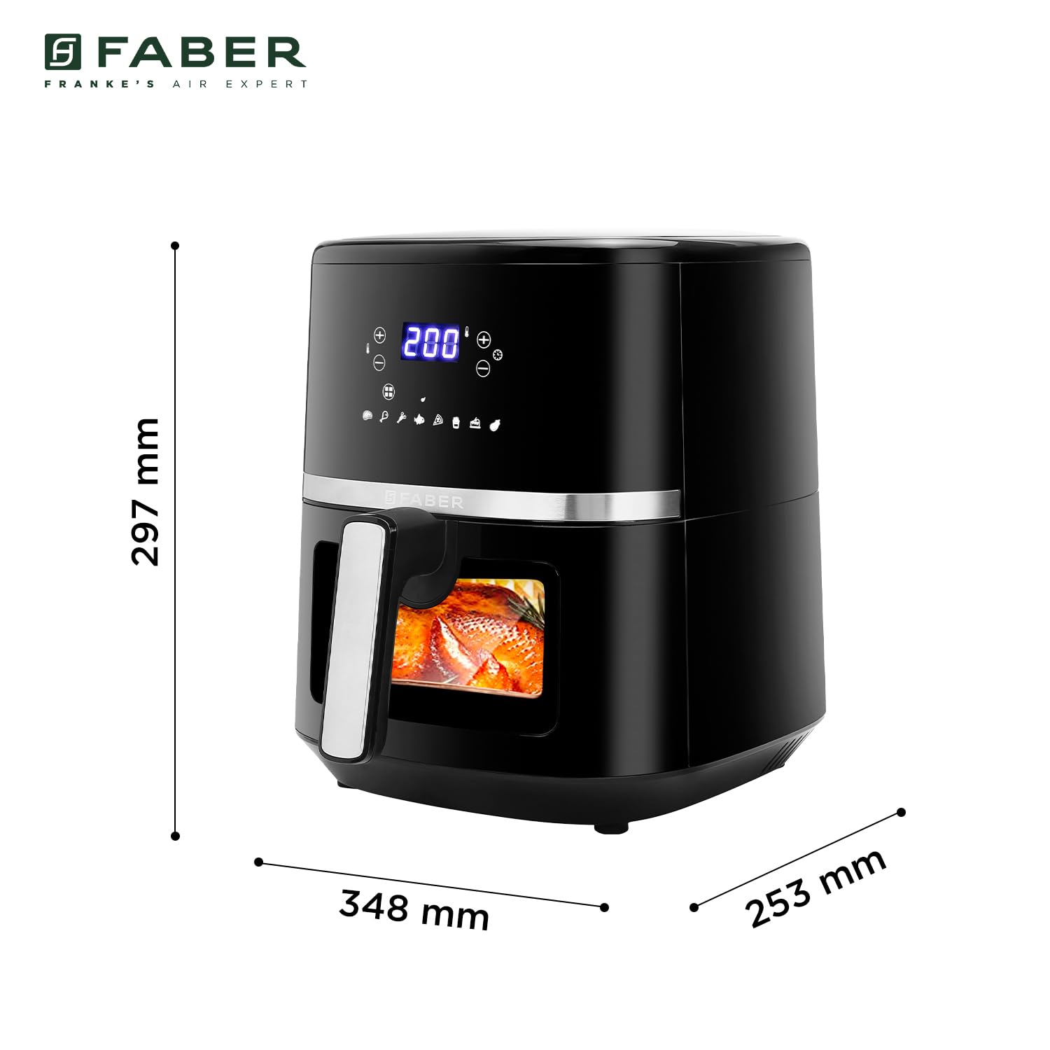 Faber 6L 1500W Digital Air Fryer | Fry, Bake, Roast, Toast, Defrost, Grill & Reheat | 85% Less Oil, 360° Air Cooking | 8-Preset Menu, LED Display & Touch Control, Non-Stick Pan, View Window | (Black)
