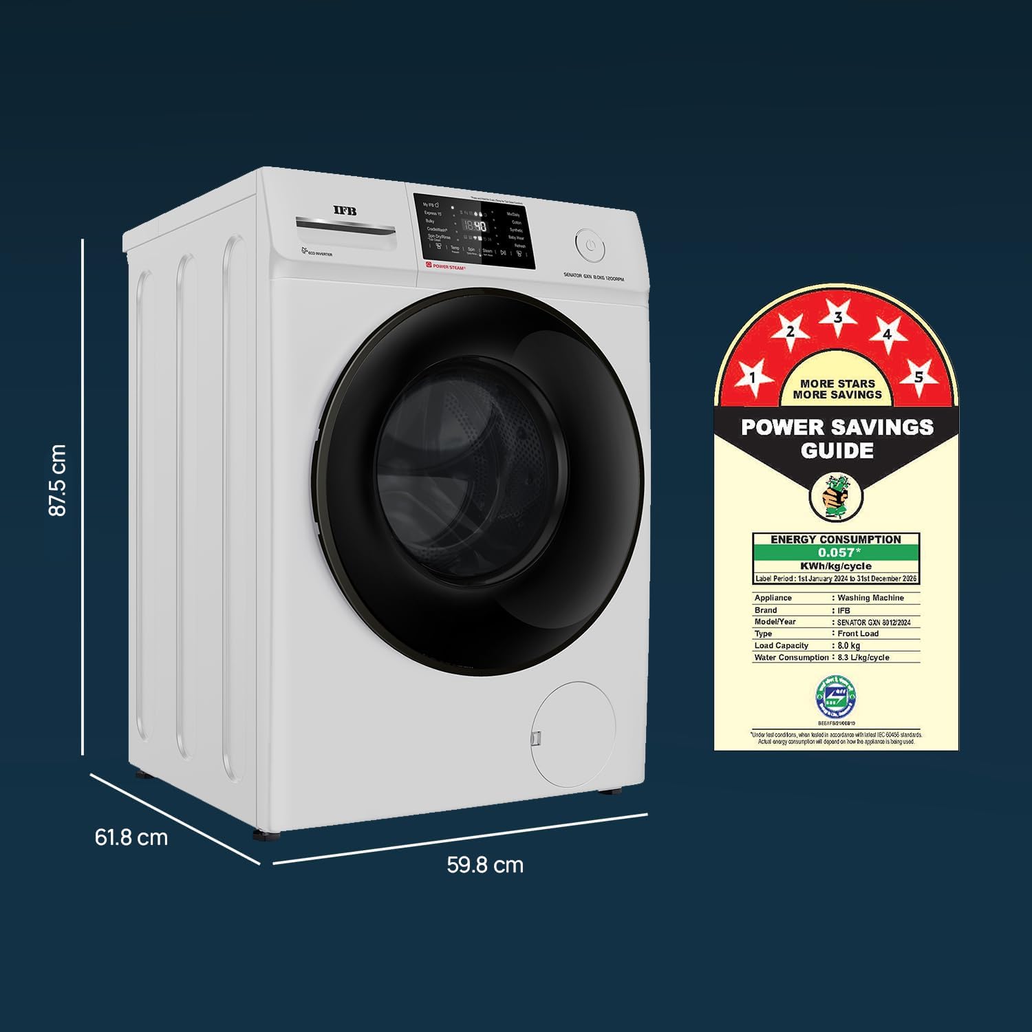 IFB 8 Kg 5 Star Powered by AI with 9 Swirl Wash, WiFi, Fully Automatic Front Load Washing Machine (Senator GXN 8012, Steam Refresh Program with Eco Inverter, Grey)