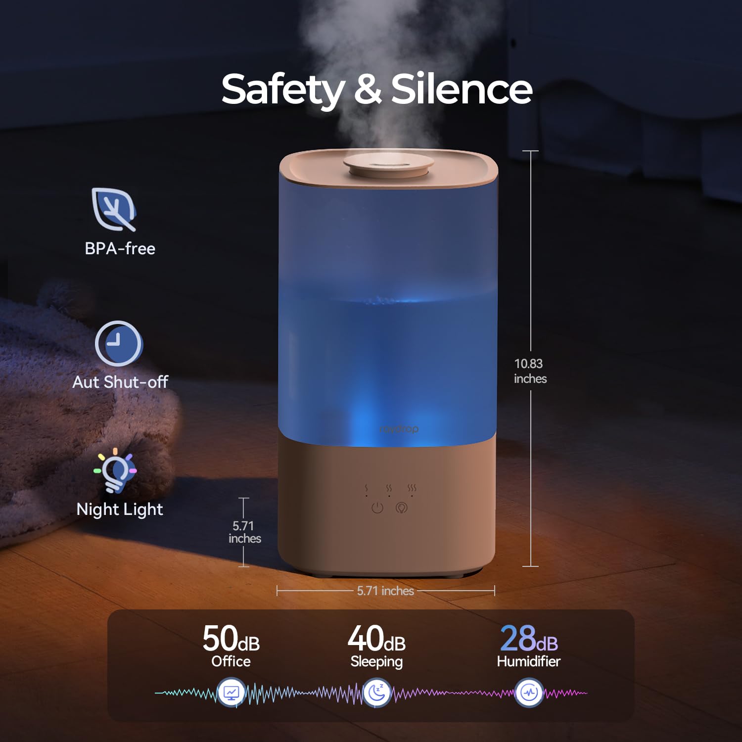raydrop Humidifiers for Home, 2.5L Cool Mist Ultrasonic Humidifiers for Large Room & Bedroom, Top Fill Air Humidifier for Baby Nursery & Plants, Essential Oil Diffuser with Color Lights, Auto Shut-Off