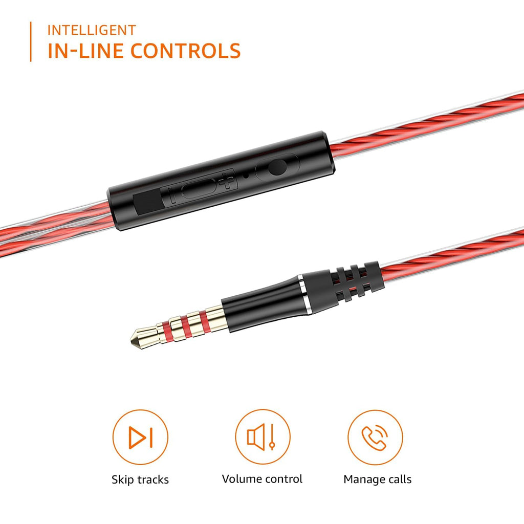 amazon basics in-Ear Wired Earphones with 9 mm Dual Drivers, in-Line Mic, Powerful Bass, Noise Isolation, 3.5 mm Audio Jack (Black and Red)